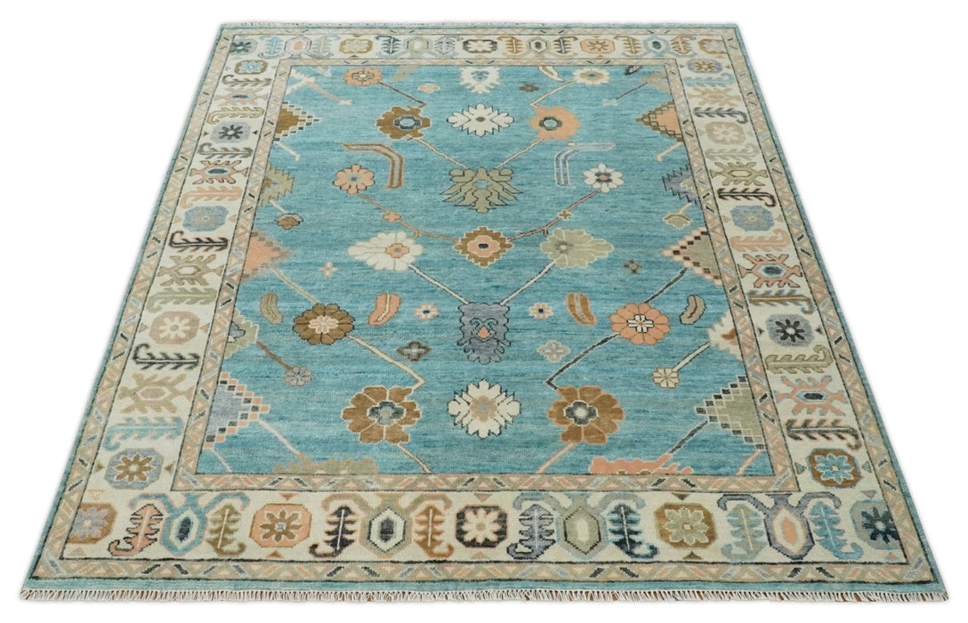 Aqua Blue and Ivory 8x10 Hand Knotted Wool Traditional Oushak Area Rug