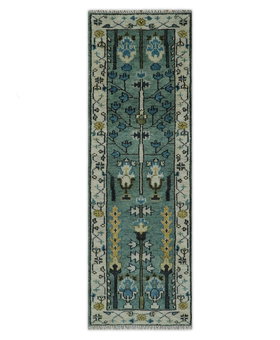 Aqua Hand Knotted Green and Ivory Traditional Turkish Vintage Style Wool Rug