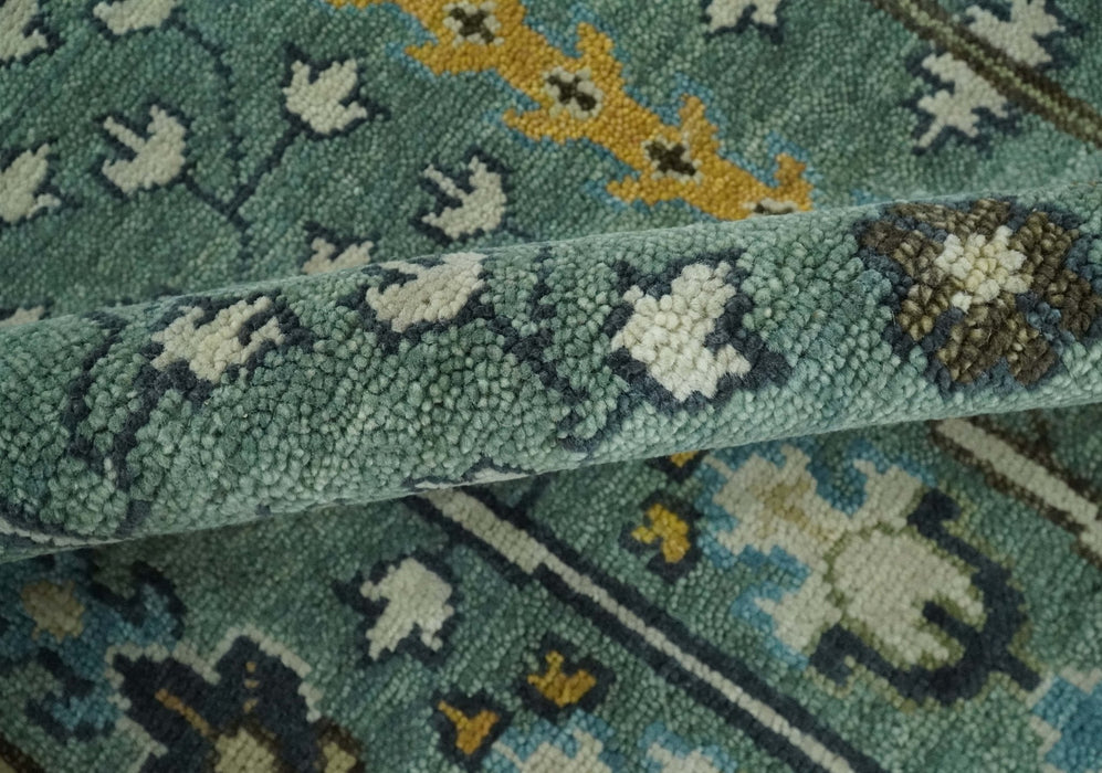 Aqua Hand Knotted Green and Ivory Traditional Turkish Vintage Style Wool Rug