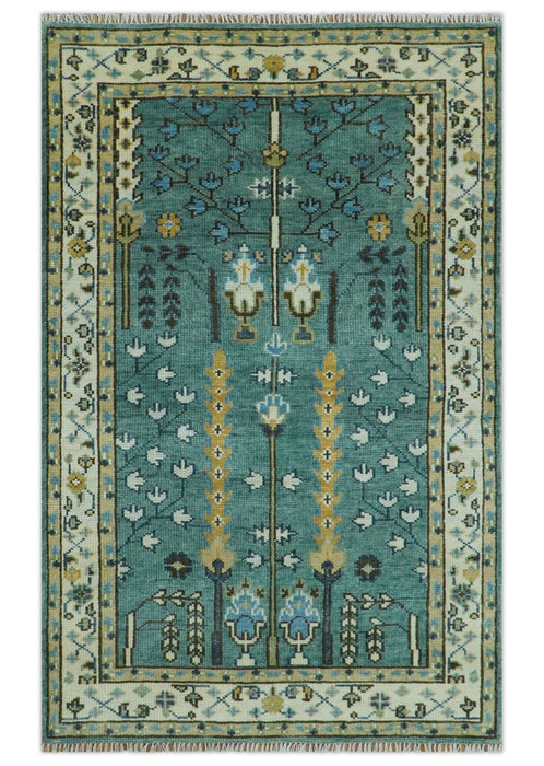 Aqua Hand Knotted Green and Ivory Traditional Turkish Vintage Style Wool Rug