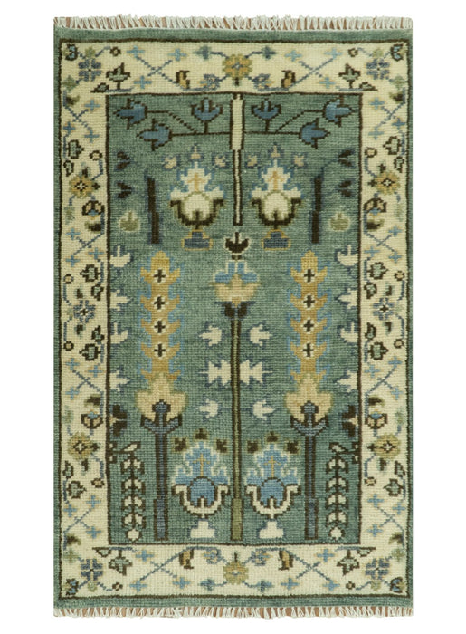 Aqua Hand Knotted Green and Ivory Traditional Turkish Vintage Style Wool Rug
