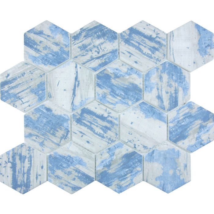 Aspen 3" Hexagon on 11.75"x10.25" Mesh Glass Mosaic Tile Bark Series - Aquatica Collection