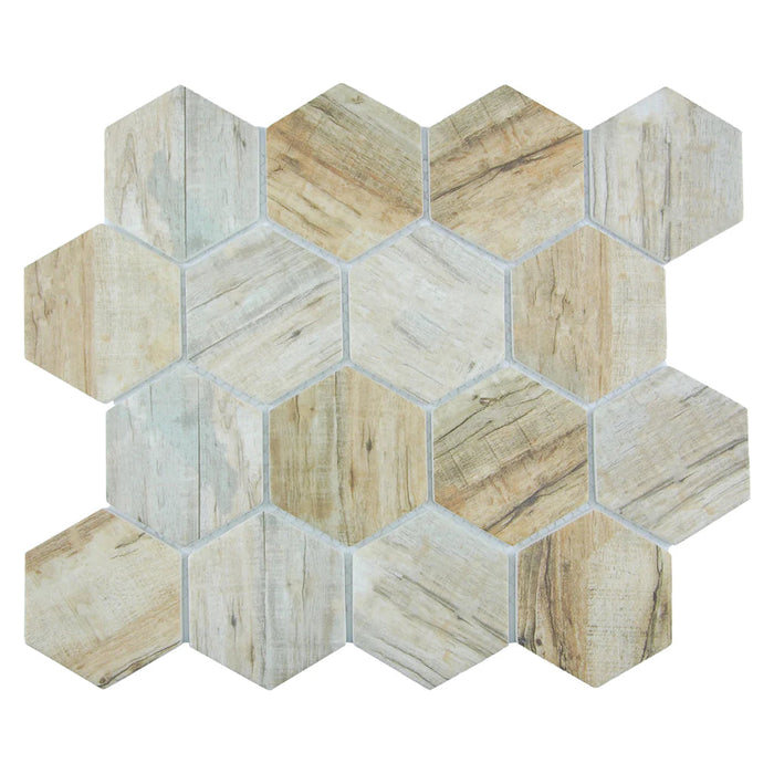 Cinnamon 3" Hexagon on 11.75"x10.25" Mesh Glass Mosaic Tile Bark Series - Aquatica Collection
