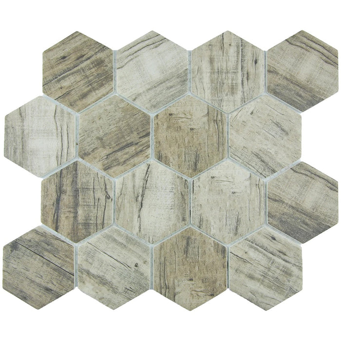 Linden 3" Hexagon on 11.75"x10.25" Mesh Glass Mosaic Tile Bark Series - Aquatica Collection