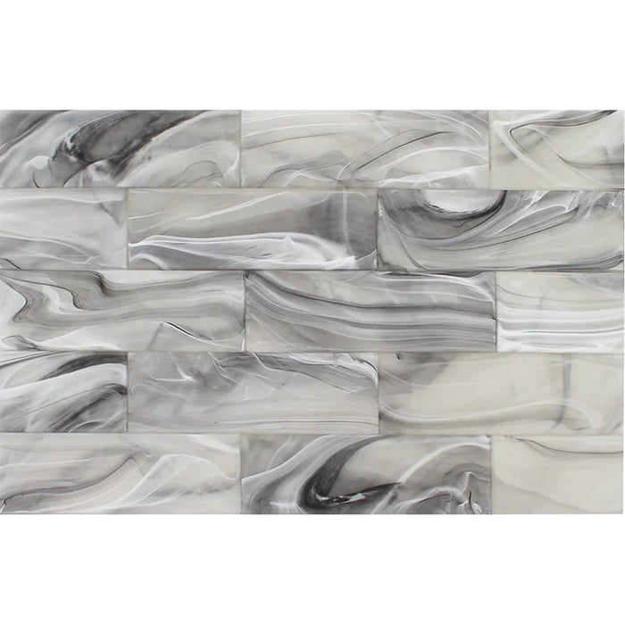 Thunder White on Black 3"x9" Glass Subway Tile Clouds Series - Aquatica Collection