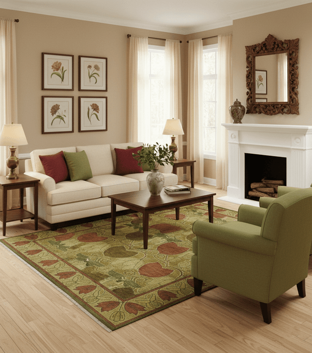 Art and Craft Design Olive Green And Brown Hand Knotted 8x10 Wool Area Rug