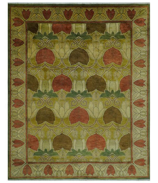 Art and Craft Design Olive Green And Brown Hand Knotted 8x10 Wool Area Rug