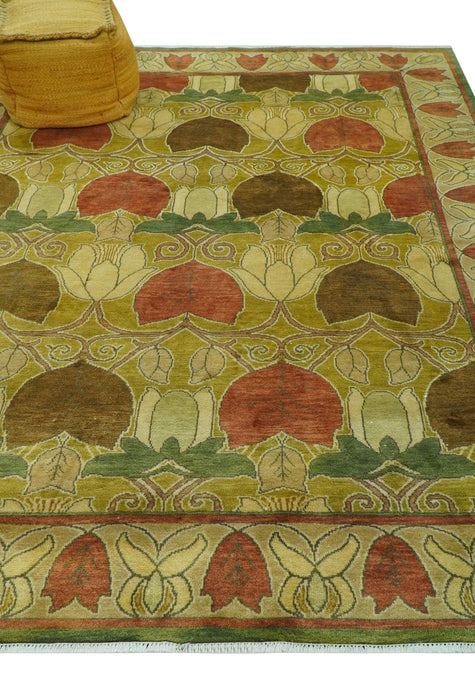 Art and Craft Design Olive Green And Brown Hand Knotted 8x10 Wool Area Rug