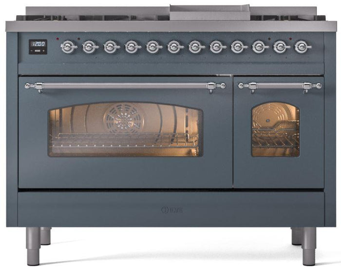 ILVE Nostalgie II 48" Dual Fuel Propane Gas Range in Blue Grey with Chrome Trim, UP48FNMPBGCLP