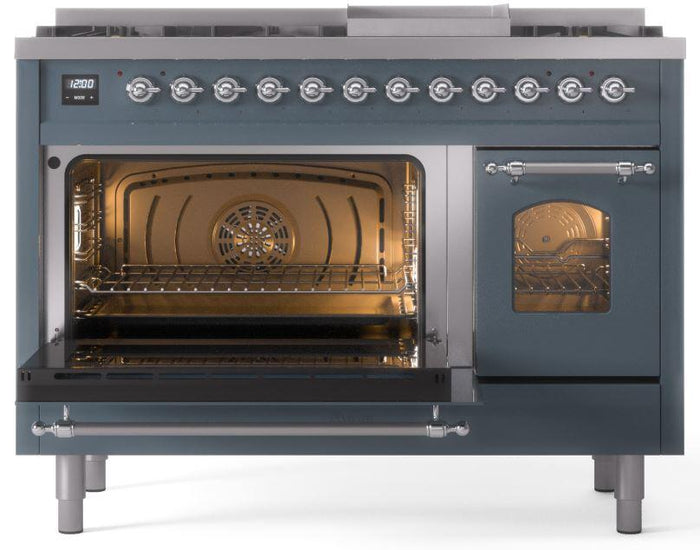 ILVE Nostalgie II 48" Dual Fuel Propane Gas Range in Blue Grey with Chrome Trim, UP48FNMPBGCLP