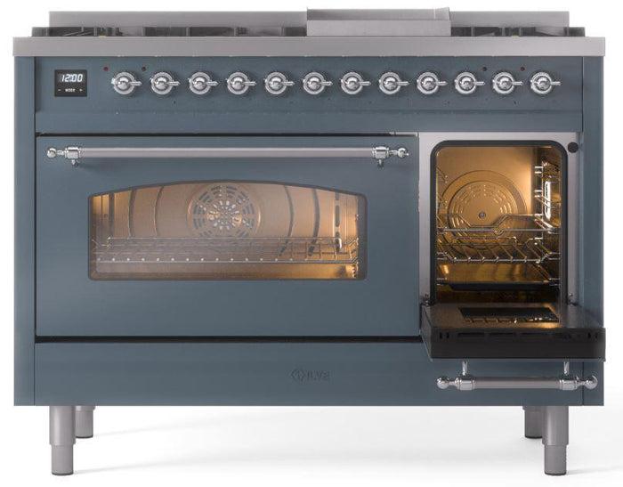 ILVE Nostalgie II 48" Dual Fuel Natural Gas Range in Blue Grey with Chrome Trim, UP48FNMPBGC