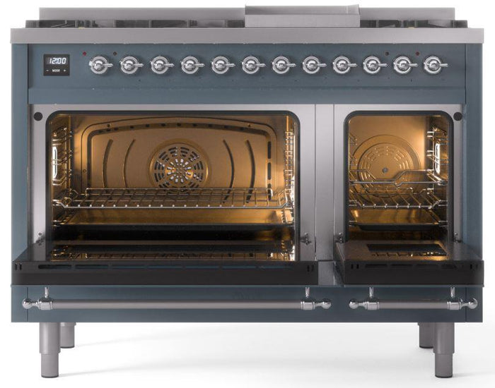 ILVE Nostalgie II 48" Dual Fuel Propane Gas Range in Blue Grey with Chrome Trim, UP48FNMPBGCLP