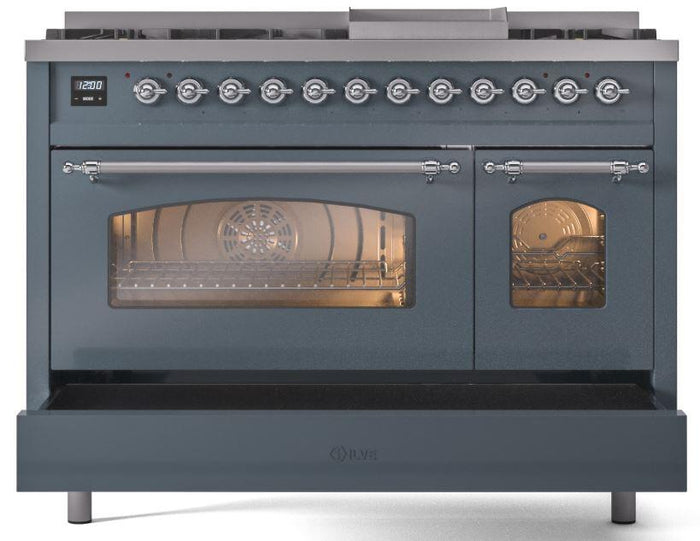 ILVE Nostalgie II 48" Dual Fuel Propane Gas Range in Blue Grey with Chrome Trim, UP48FNMPBGCLP