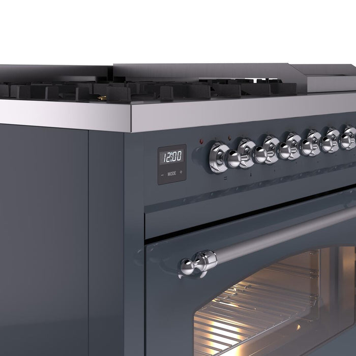 ILVE Nostalgie II 48" Dual Fuel Natural Gas Range in Blue Grey with Chrome Trim, UP48FNMPBGC