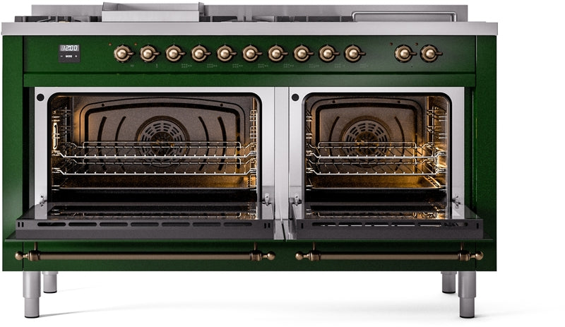 ILVE Nostalgie II 60" Dual Fuel Natural Gas Range in Emerald Green with Bronze Trim, UP60FSNMPEGB