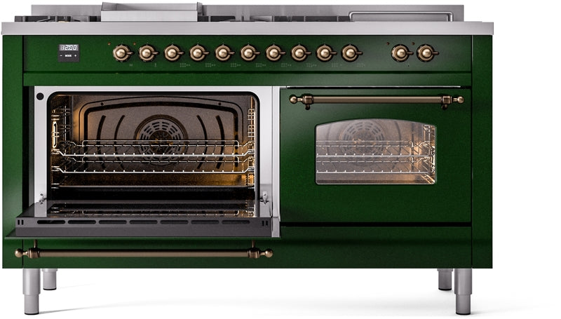 ILVE Nostalgie II 60" Dual Fuel Natural Gas Range in Emerald Green with Bronze Trim, UP60FSNMPEGB