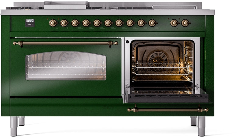 ILVE Nostalgie II 60" Dual Fuel Natural Gas Range in Emerald Green with Bronze Trim, UP60FSNMPEGB