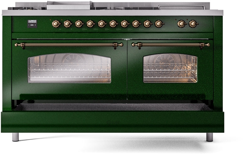 ILVE Nostalgie II 60" Dual Fuel Natural Gas Range in Emerald Green with Bronze Trim, UP60FSNMPEGB