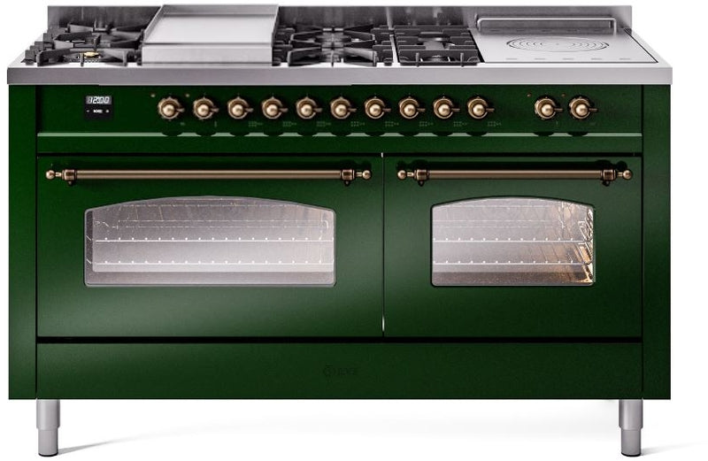 ILVE Nostalgie II 60" Dual Fuel Natural Gas Range in Emerald Green with Bronze Trim, UP60FSNMPEGB