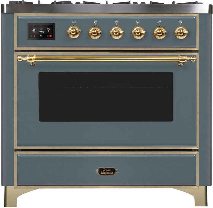 ILVE Majestic II 36" Dual Fuel Propane Gas Range in Blue Grey with Brass Trim, UM09FDNS3BGGLP