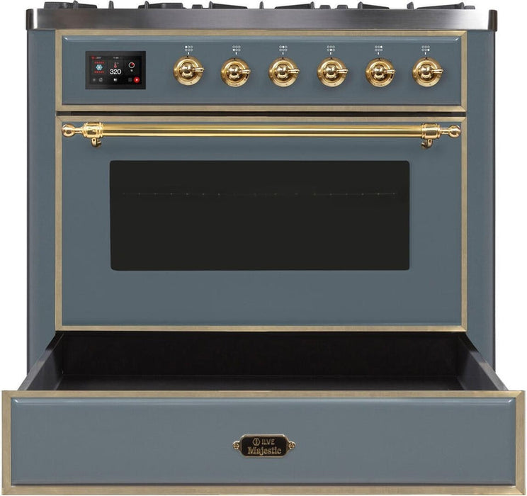 ILVE Majestic II 36" Dual Fuel Propane Gas Range in Blue Grey with Brass Trim, UM09FDNS3BGGLP