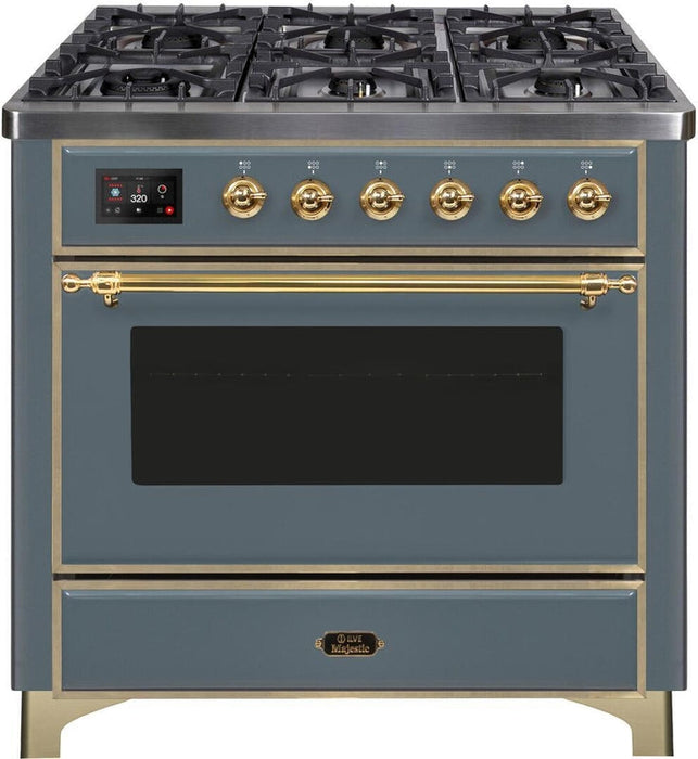 ILVE Majestic II 36" Dual Fuel Propane Gas Range in Blue Grey with Brass Trim, UM09FDNS3BGGLP