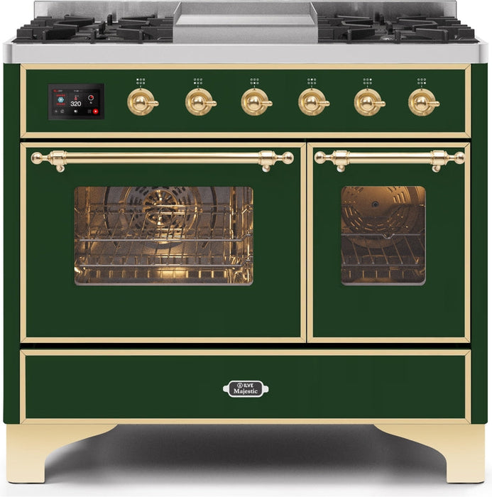 ILVE Majestic II 40" Dual Fuel Propane Gas Range in Emerald Green with Brass Trim, UMD10FDNS3EGGLP