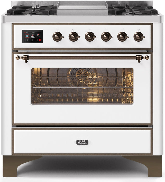 ILVE Majestic II 36" Dual Fuel Propane Gas Range in White with Bronze Trim, UM09FDNS3WHBLP