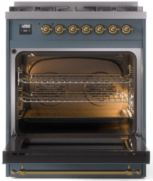 ILVE Nostalgie II 30" Dual Fuel Natural Gas Range in Blue Grey with Brass Trim, UP30NMPBGG