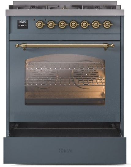 ILVE Nostalgie II 30" Dual Fuel Natural Gas Range in Blue Grey with Brass Trim, UP30NMPBGG