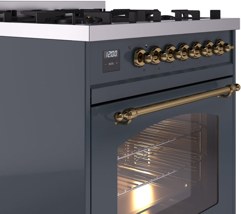 ILVE Nostalgie II 30" Dual Fuel Natural Gas Range in Blue Grey with Brass Trim, UP30NMPBGG