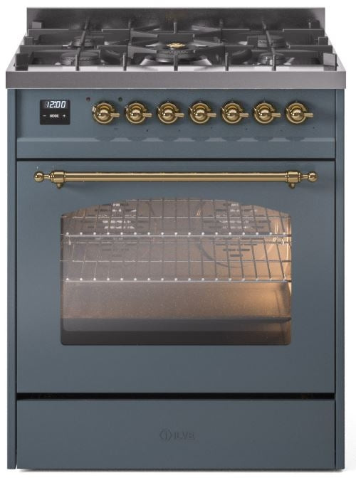 ILVE Nostalgie II 30" Dual Fuel Natural Gas Range in Blue Grey with Brass Trim, UP30NMPBGG