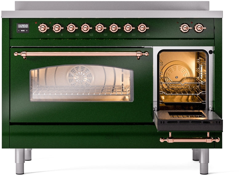 ILVE Nostalgie II 48" Induction Range with Element Stove and Electric Oven in Emerald Green with Copper Trim, UPI486NMPEGP