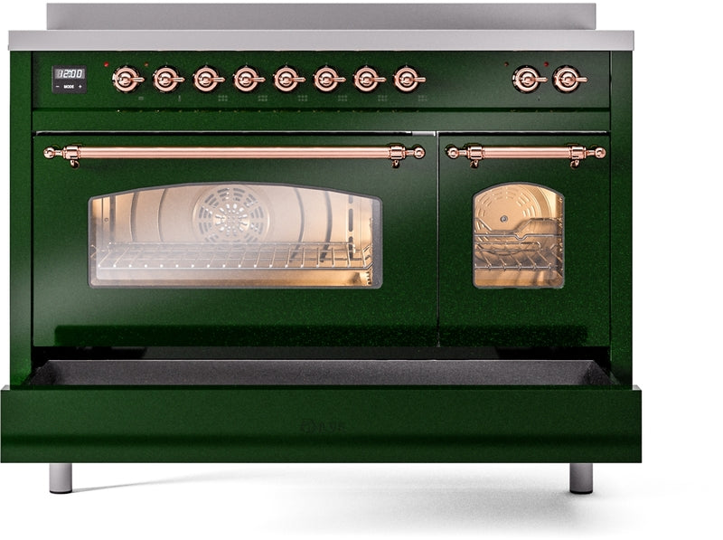 ILVE Nostalgie II 48" Induction Range with Element Stove and Electric Oven in Emerald Green with Copper Trim, UPI486NMPEGP