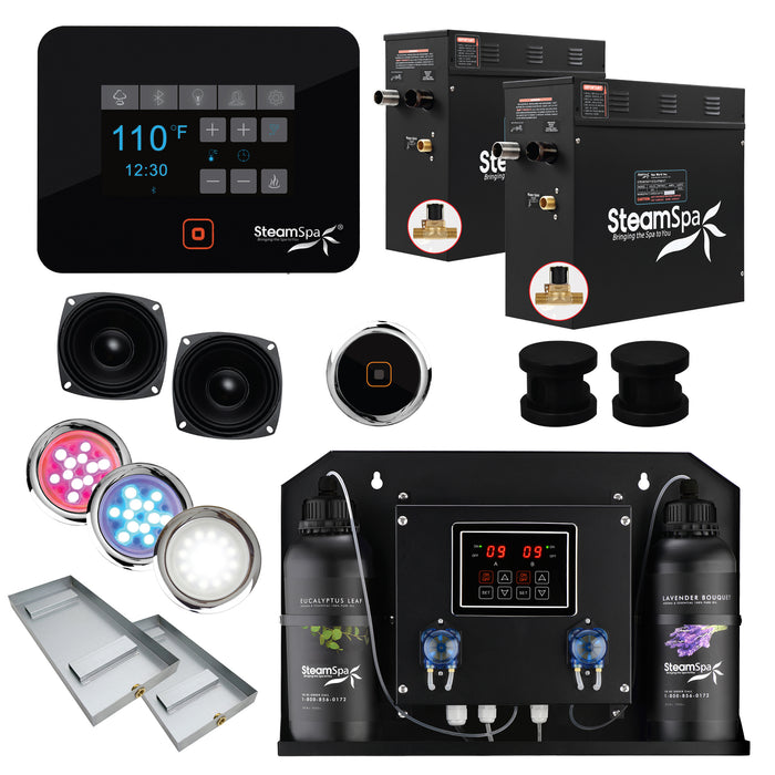 Black Series WiFi and Bluetooth 2 x 9kW QuickStart Steam Bath Generator Package with Dual Aroma Pump in Matte Black