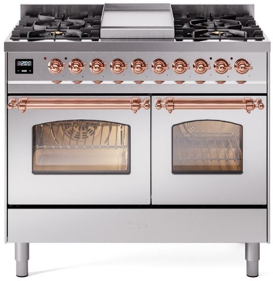 ILVE Nostalgie II 40" Dual Fuel Natural Gas Range in Stainless Steel with Copper Trim, UPD40FNMPSSP