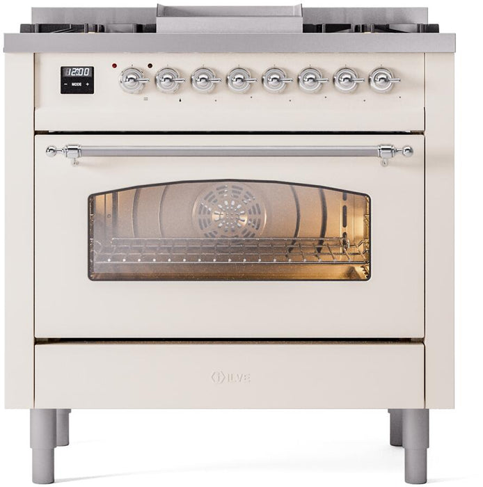 ILVE Nostalgie II 36" Dual Fuel Propane Gas Range in Antique White with Chrome Trim, UP36FNMPAWCLP