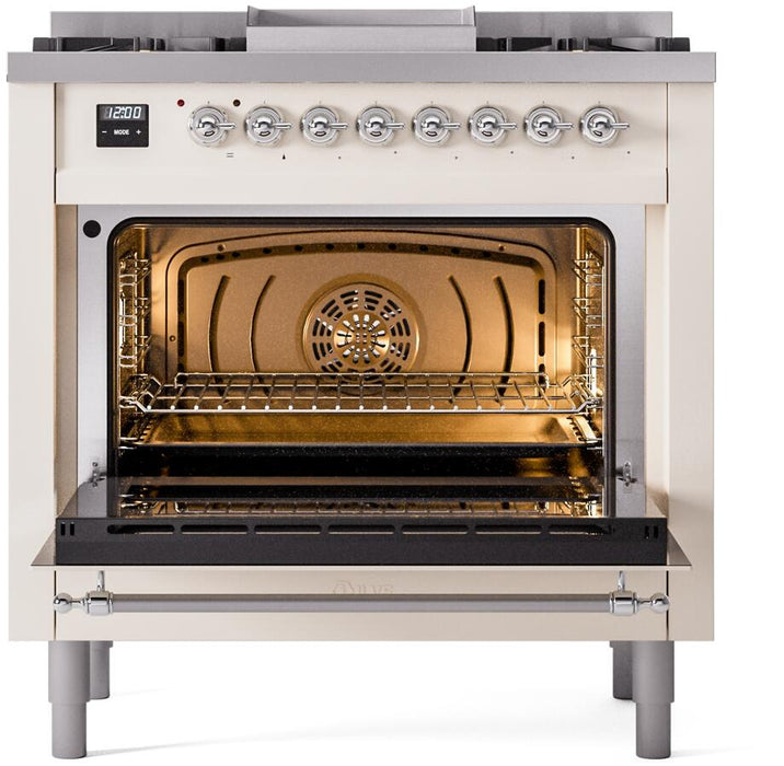 ILVE Nostalgie II 36" Dual Fuel Propane Gas Range in Antique White with Chrome Trim, UP36FNMPAWCLP