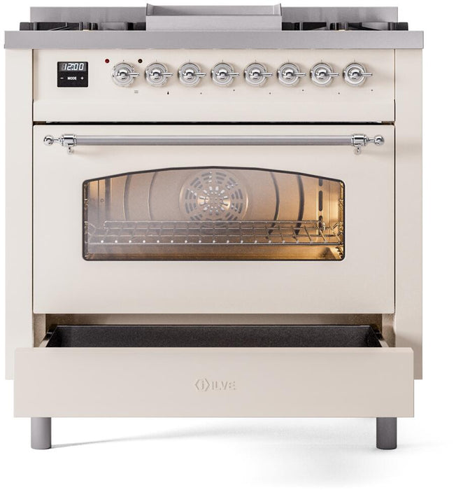 ILVE Nostalgie II 36" Dual Fuel Propane Gas Range in Antique White with Chrome Trim, UP36FNMPAWCLP