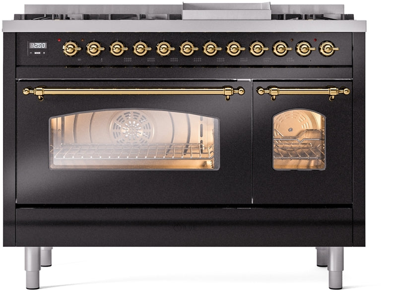 ILVE Nostalgie II 48" Dual Fuel Natural Gas Range in Black with Brass Trim, UP48FNMPBKG