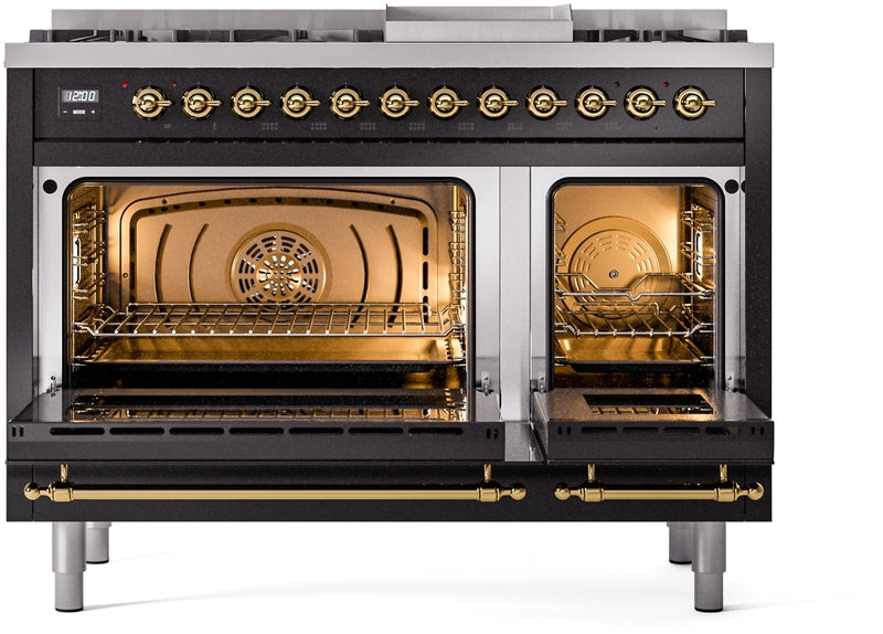 ILVE Nostalgie II 48" Dual Fuel Natural Gas Range in Black with Brass Trim, UP48FNMPBKG