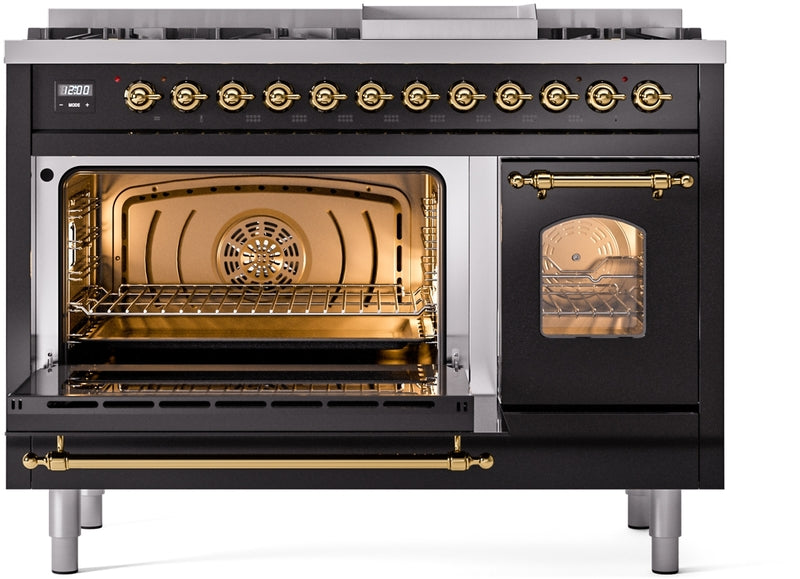 ILVE Nostalgie II 48" Dual Fuel Natural Gas Range in Black with Brass Trim, UP48FNMPBKG