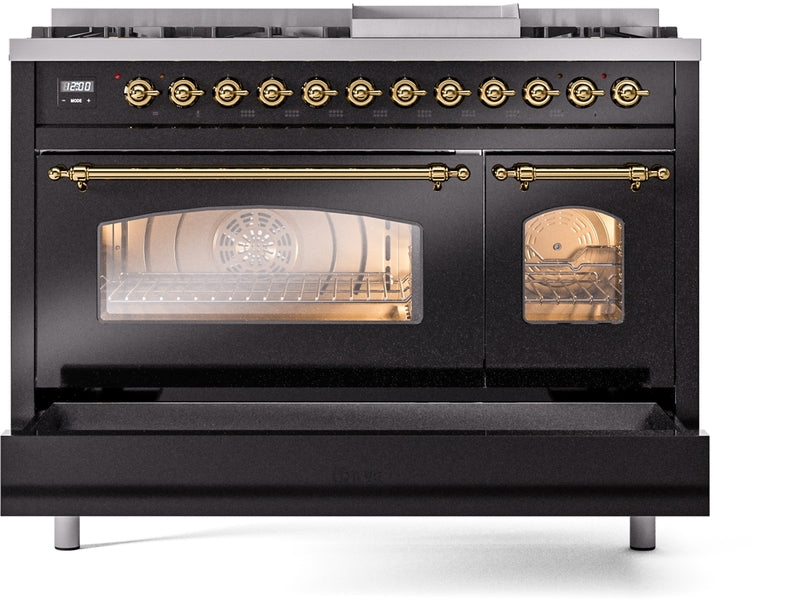 ILVE Nostalgie II 48" Dual Fuel Natural Gas Range in Black with Brass Trim, UP48FNMPBKG