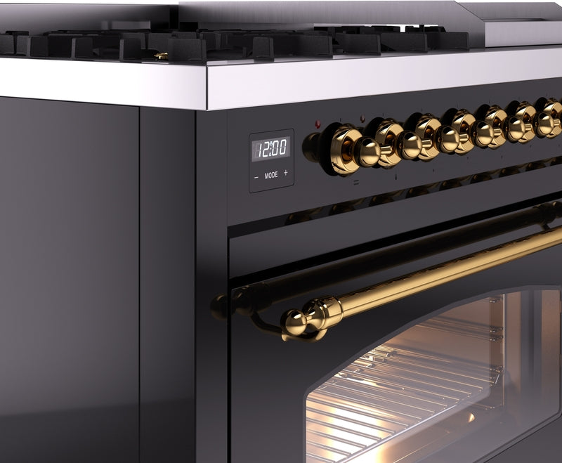 ILVE Nostalgie II 48" Dual Fuel Natural Gas Range in Black with Brass Trim, UP48FNMPBKG