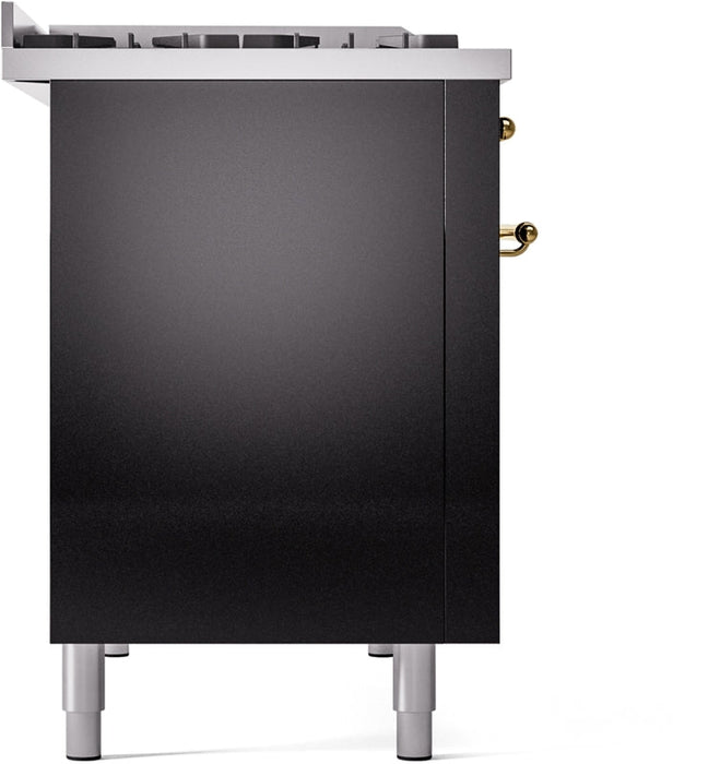 ILVE Nostalgie II 48" Dual Fuel Natural Gas Range in Black with Brass Trim, UP48FNMPBKG