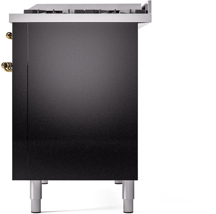 ILVE Nostalgie II 48" Dual Fuel Natural Gas Range in Black with Brass Trim, UP48FNMPBKG