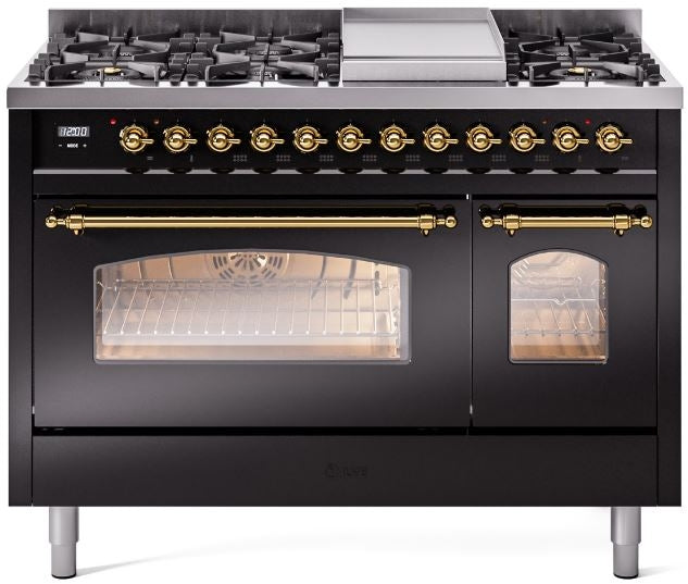 ILVE Nostalgie II 48" Dual Fuel Natural Gas Range in Black with Brass Trim, UP48FNMPBKG