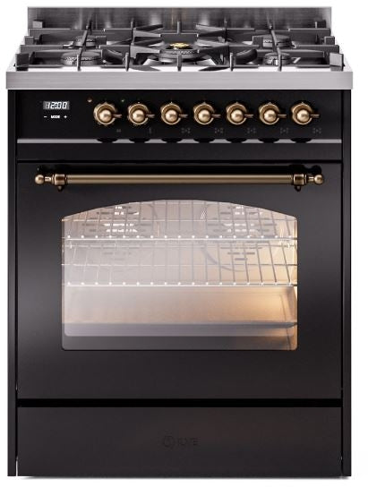 ILVE Nostalgie II 30" Dual Fuel Propane Gas Range in Black with Bronze Trim, UP30NMPBKBLP