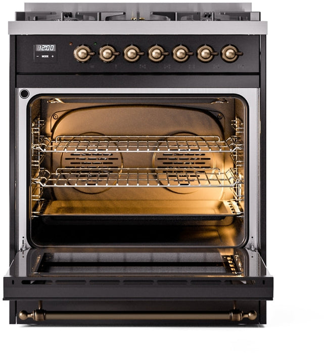 ILVE Nostalgie II 30" Dual Fuel Propane Gas Range in Black with Bronze Trim, UP30NMPBKBLP