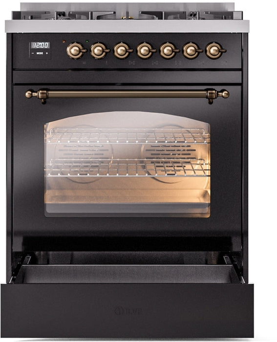 ILVE Nostalgie II 30" Dual Fuel Propane Gas Range in Black with Bronze Trim, UP30NMPBKBLP